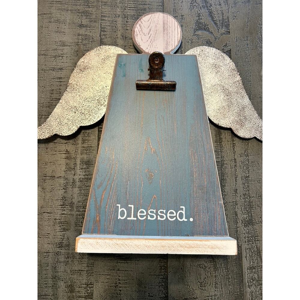 Farmhouse Rustic Wood Angel Photo Clip Decor "Blessed"